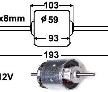 Salona sildītāja ventilatora motors, 12V, 2x8 mm / 195 mm — 0130063031