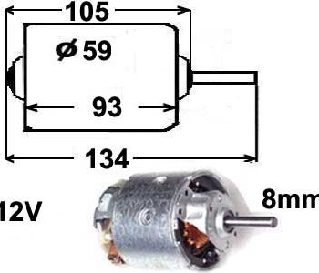 Salona sildītāja ventilators, 12V, vārpsta 8 mm/138 mm, 0130063040