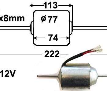 Salona sildītāja ventilatora motors, 12V, 2x8 mm / 222 mm — 0130107065