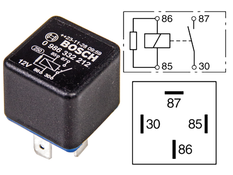 RELE BOSCH 12V 30A, VASTUS, A-KYTKENTÄ ILMAN KIINN. 0986332212 OE 0005420919