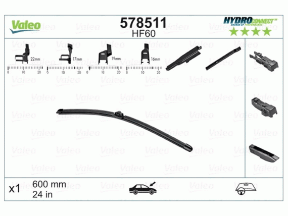 Stikla tīrītāja slotiņa VALEO HF60 HYDROCONNECT FRONT LHD 60CM 578511 OE 1554028