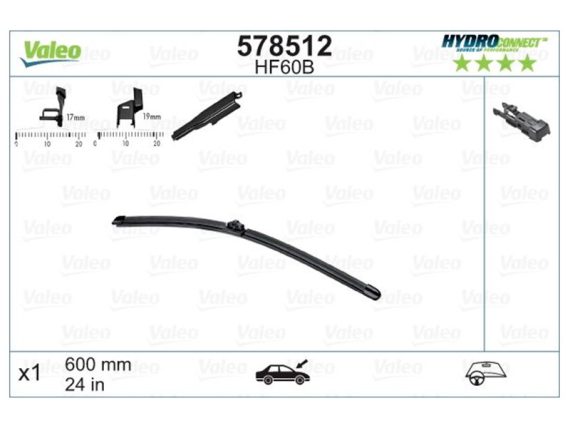 Stikla tīrītāja slotiņa VALEO HF60B HYDROCONNECT FRONT LHD 60CM 578512 OE 1611587780