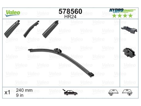 Stikla tīrītāja slotiņa VALEO HR24 HYDROCONNECT AIZ. 24CM 578560 OE 1K8955427C