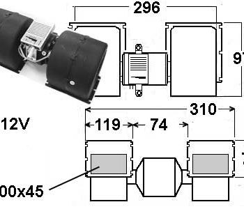 Salona sildītāja pūtēja motors 12V, 3 ātrumi, 310 mm, 9000-1393
