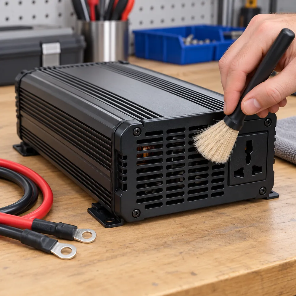 Atvienota invertora ārējās ventilācijas restes tīrīšana ar sausu otu