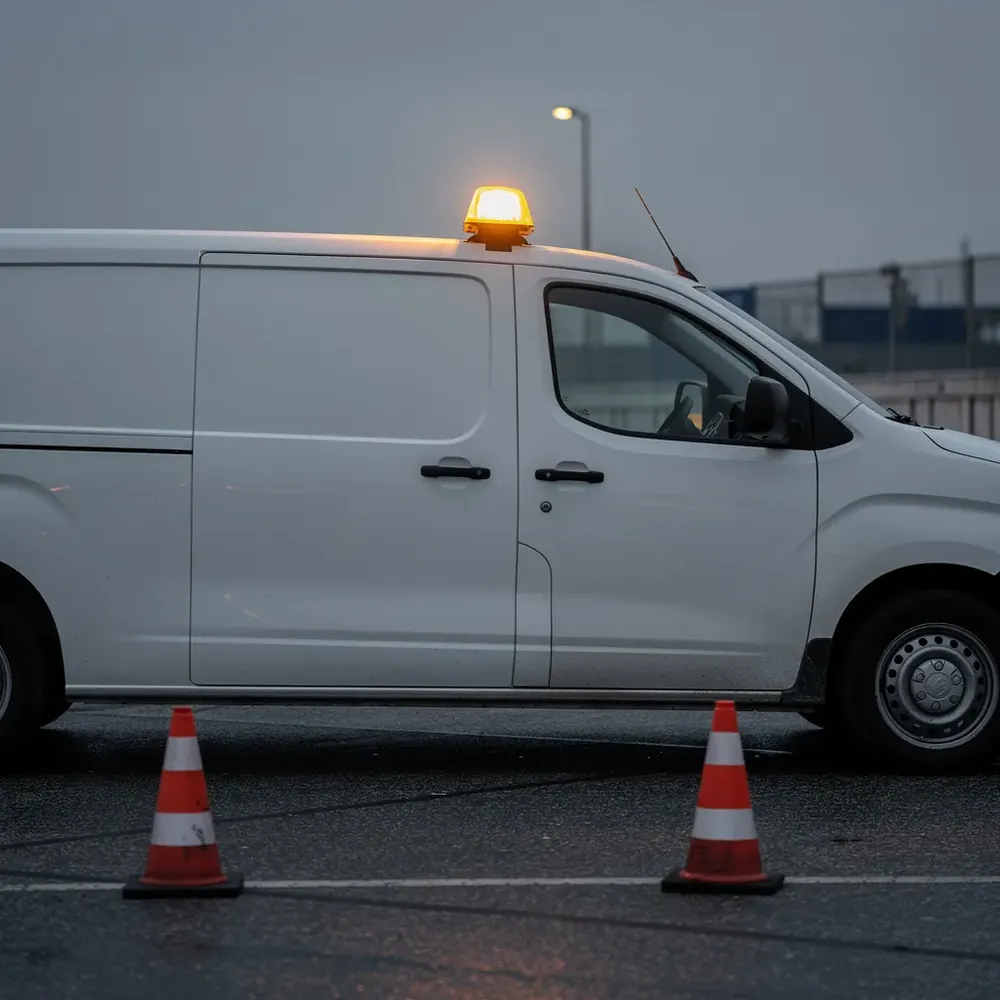 Servisa automobilis ar dzintara bākuguni norobežotā darba zonā
