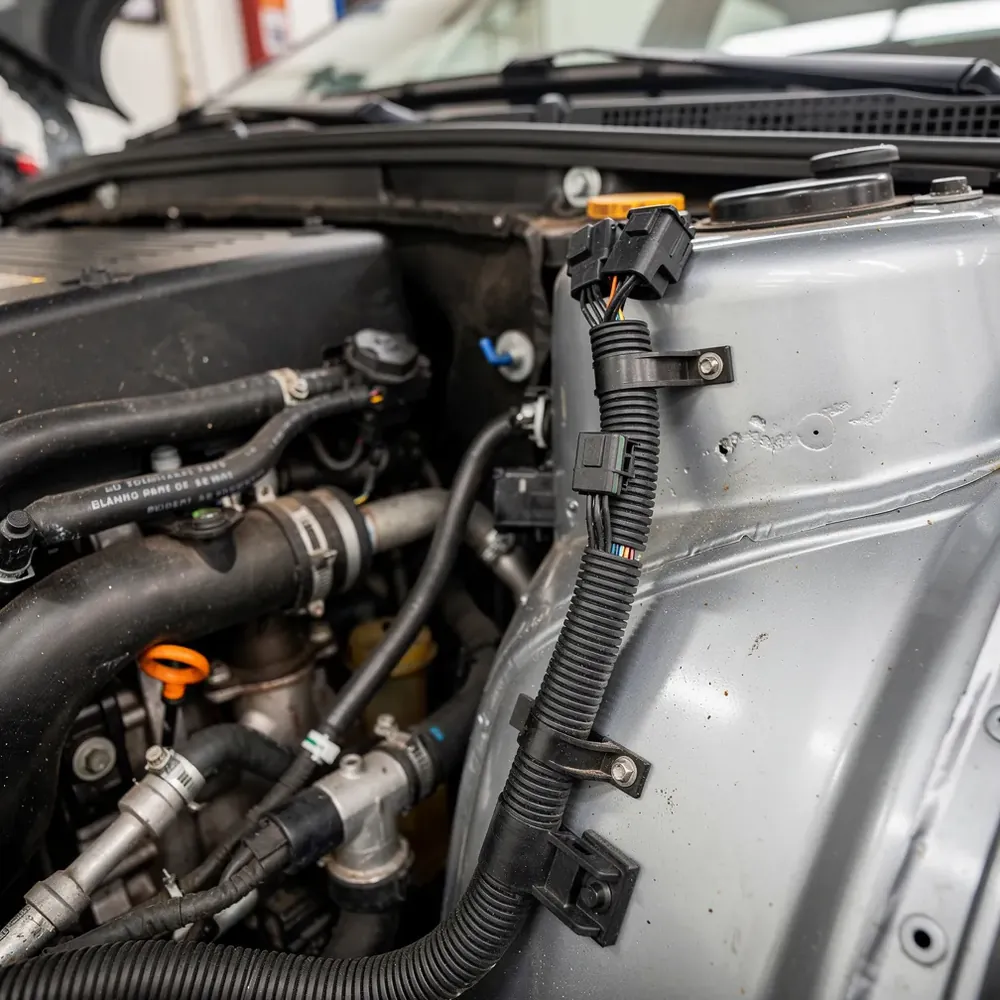 Aizsargapvalkā nostiprināts auto vadu kūlis motortelpā