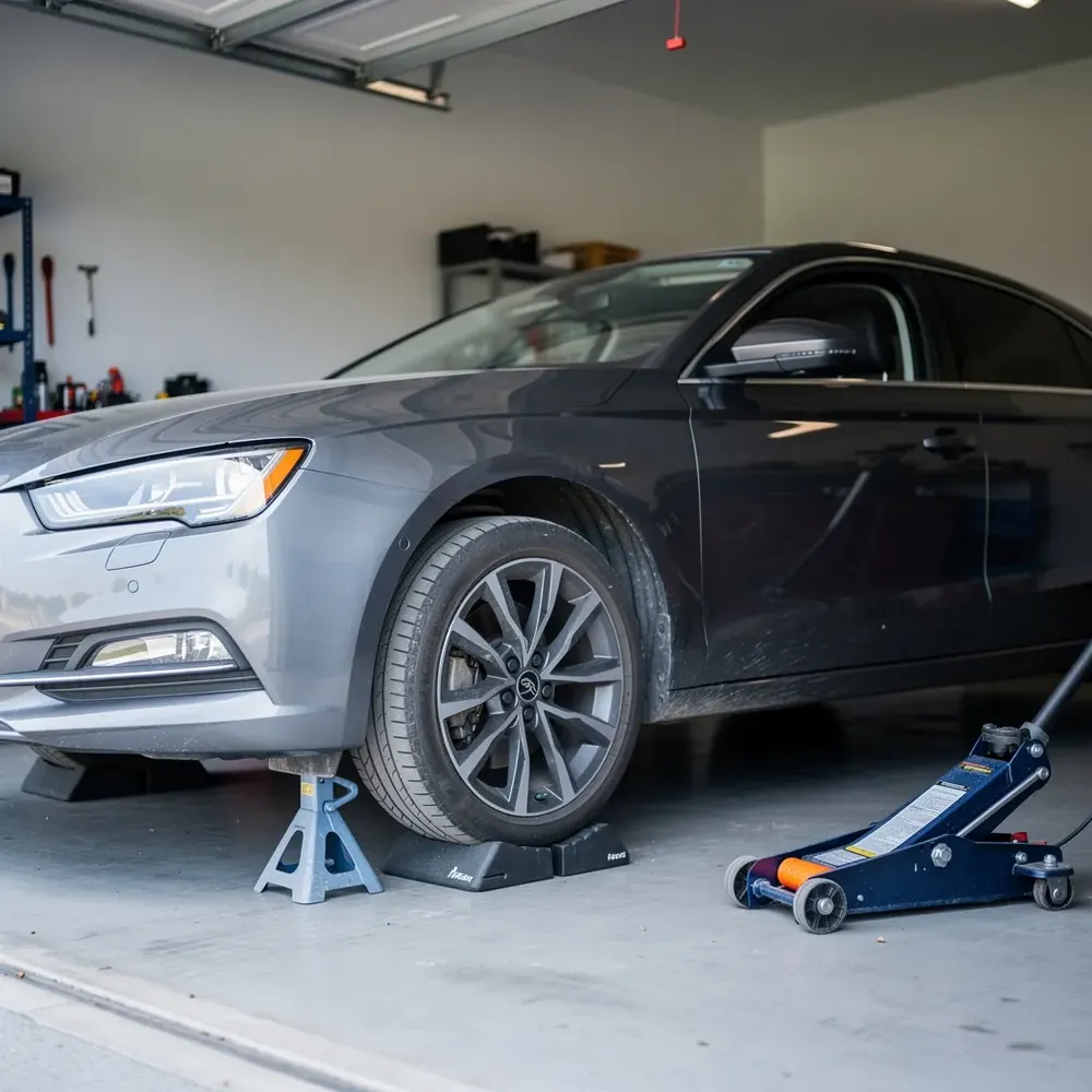 Automobilis uz drošības balstiem ar nobloķētiem riteņiem