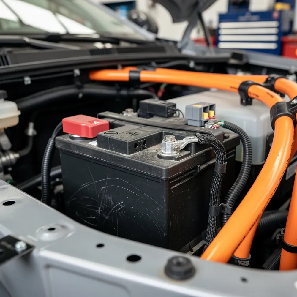Elektroauto zemsprieguma akumulators un aizsargāti vadu savienojumi