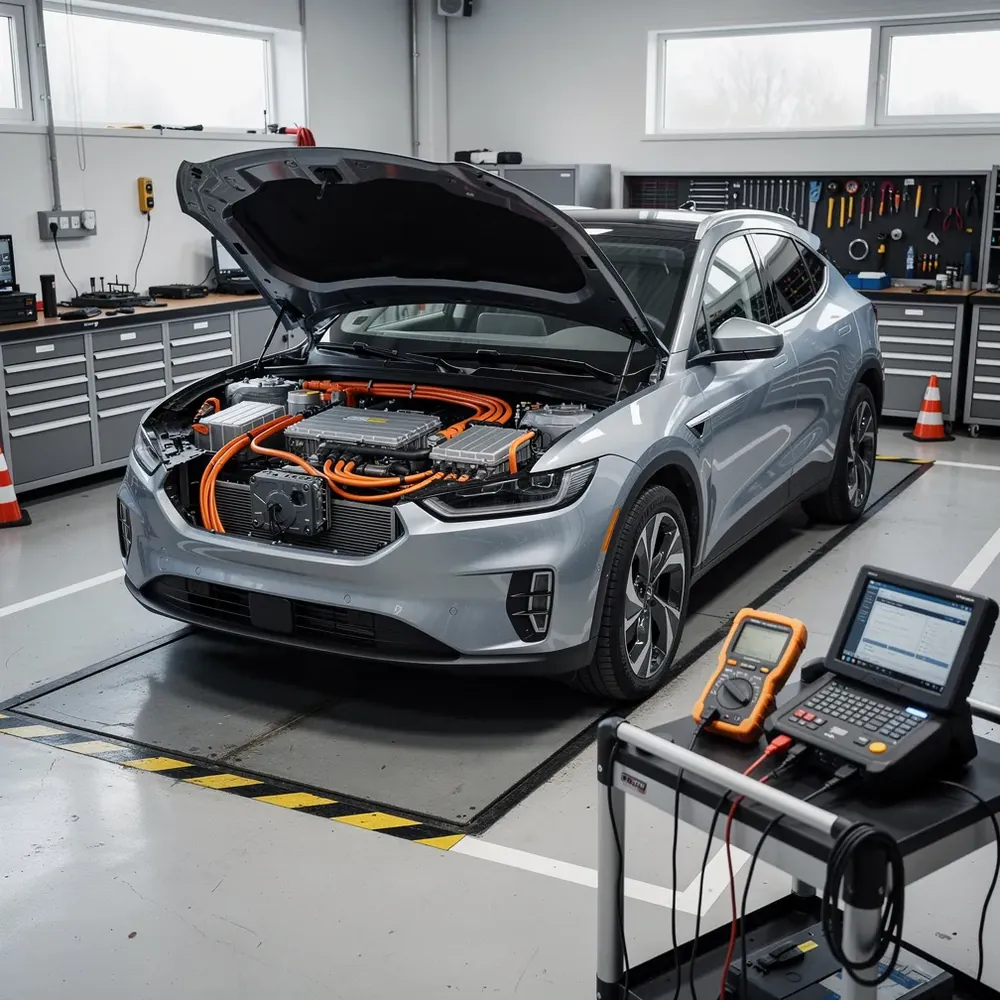 Elektroauto augstsprieguma sistēmas diagnostikas vieta darbnīcā