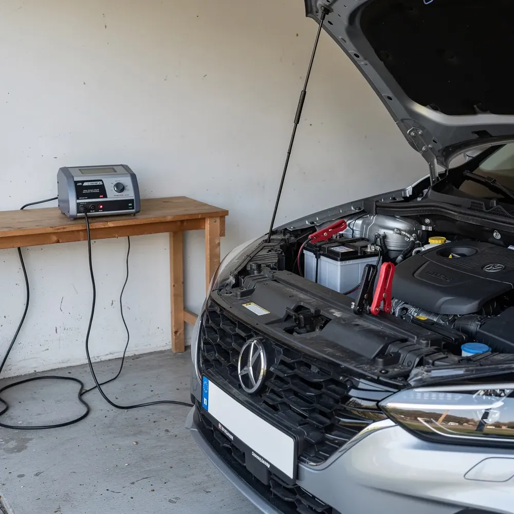 Droši pieslēgts auto akumulatora lādētājs vēdināmā garāžā