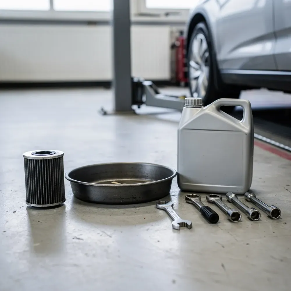Jauns eļļas filtrs un noslēgta motoreļļas kanna pie auto