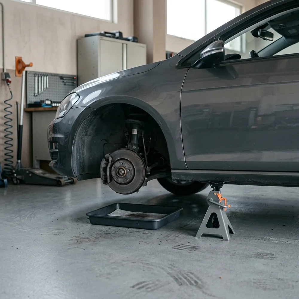 Auto uz drošības balsta ar noņemtu riteni bremžu apkopes darba vietā
