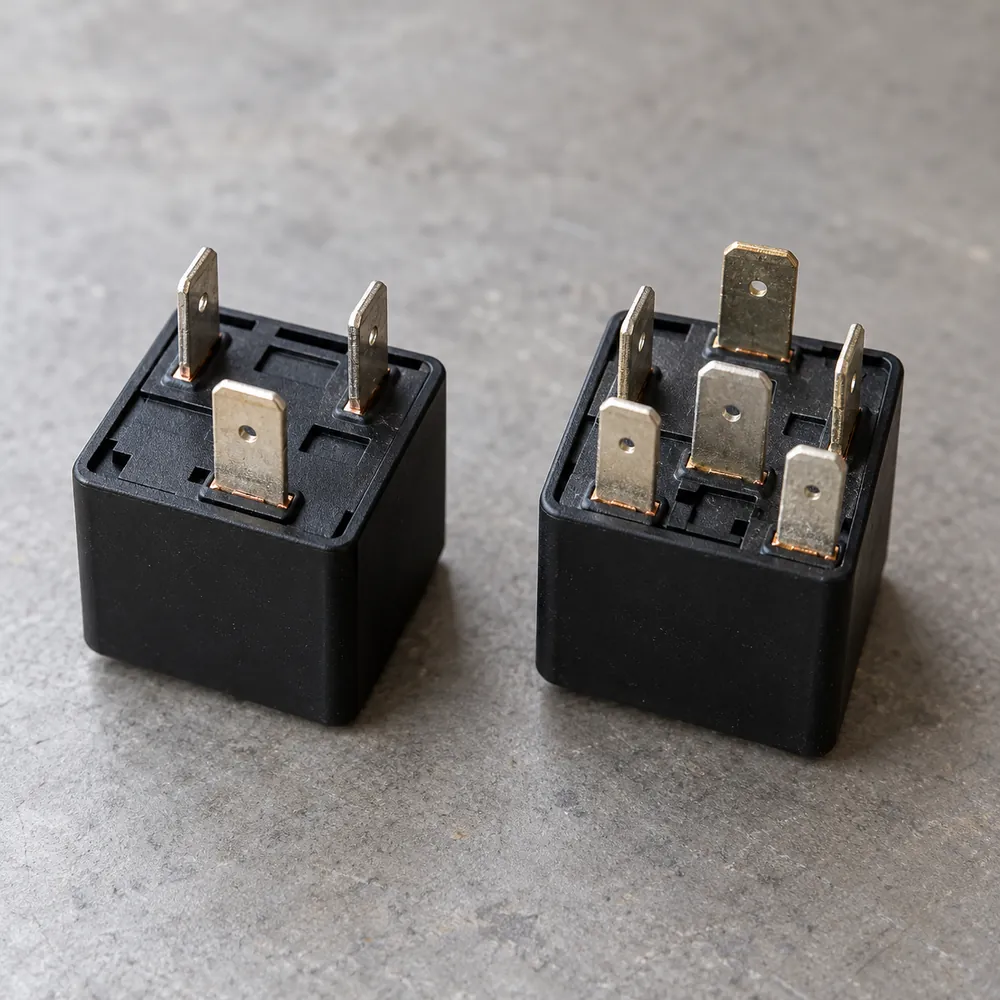 Divu nepieslēgtu auto releju pamatnes ar redzamām spailēm