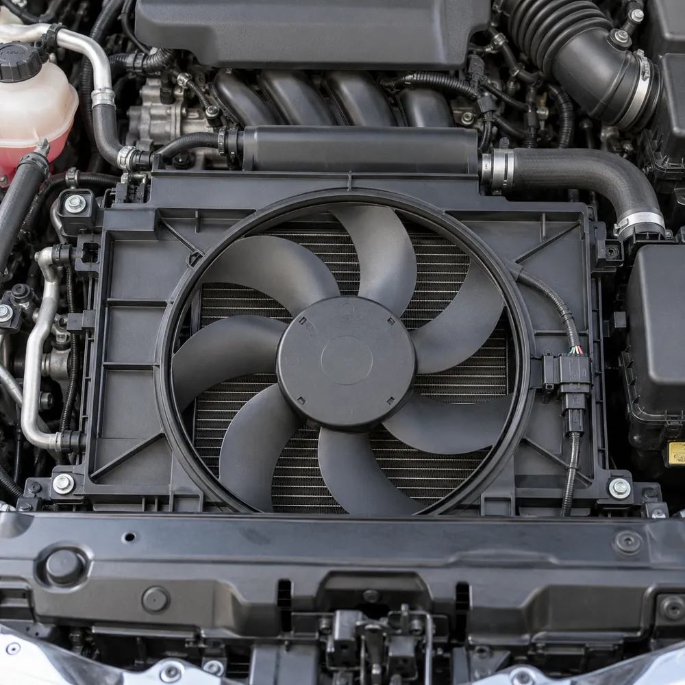 Dzesēšanas ventilators stāvoša auto motortelpā
