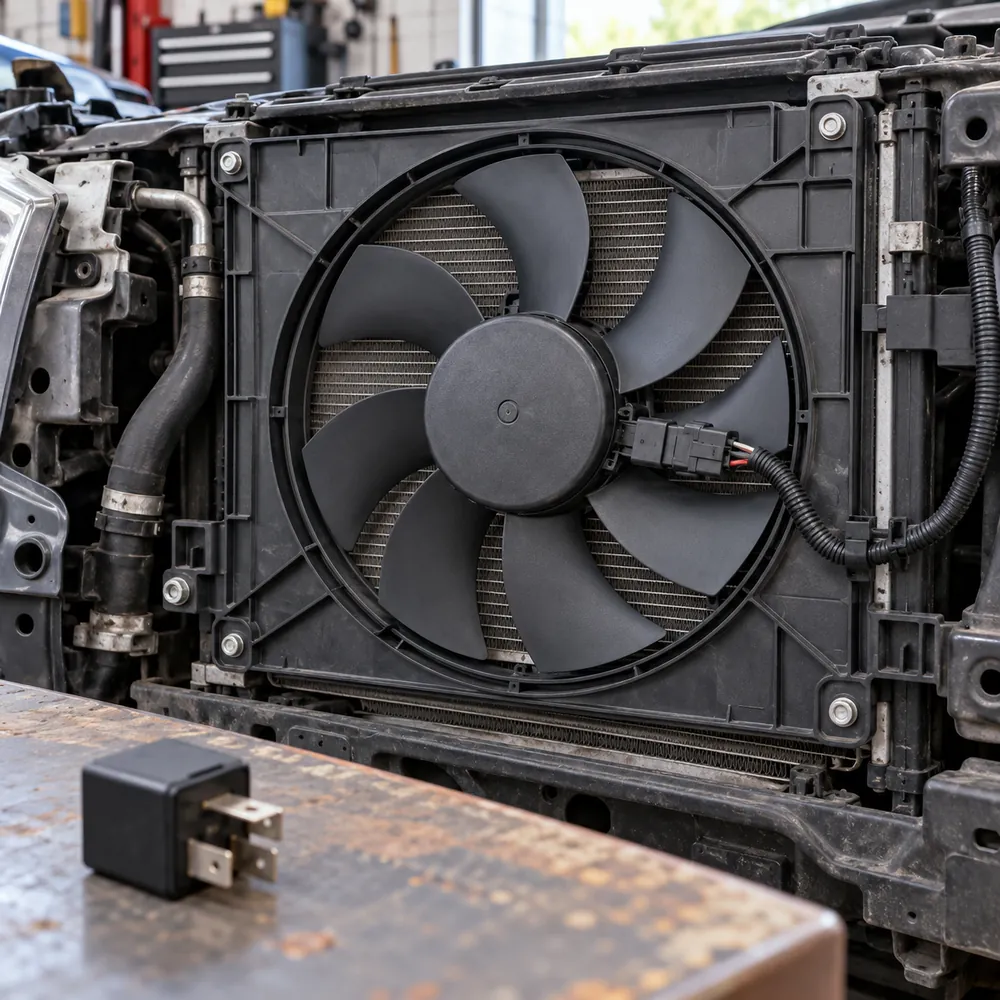 Izslēgts radiatora ventilators un atvienots relejs darbnīcā
