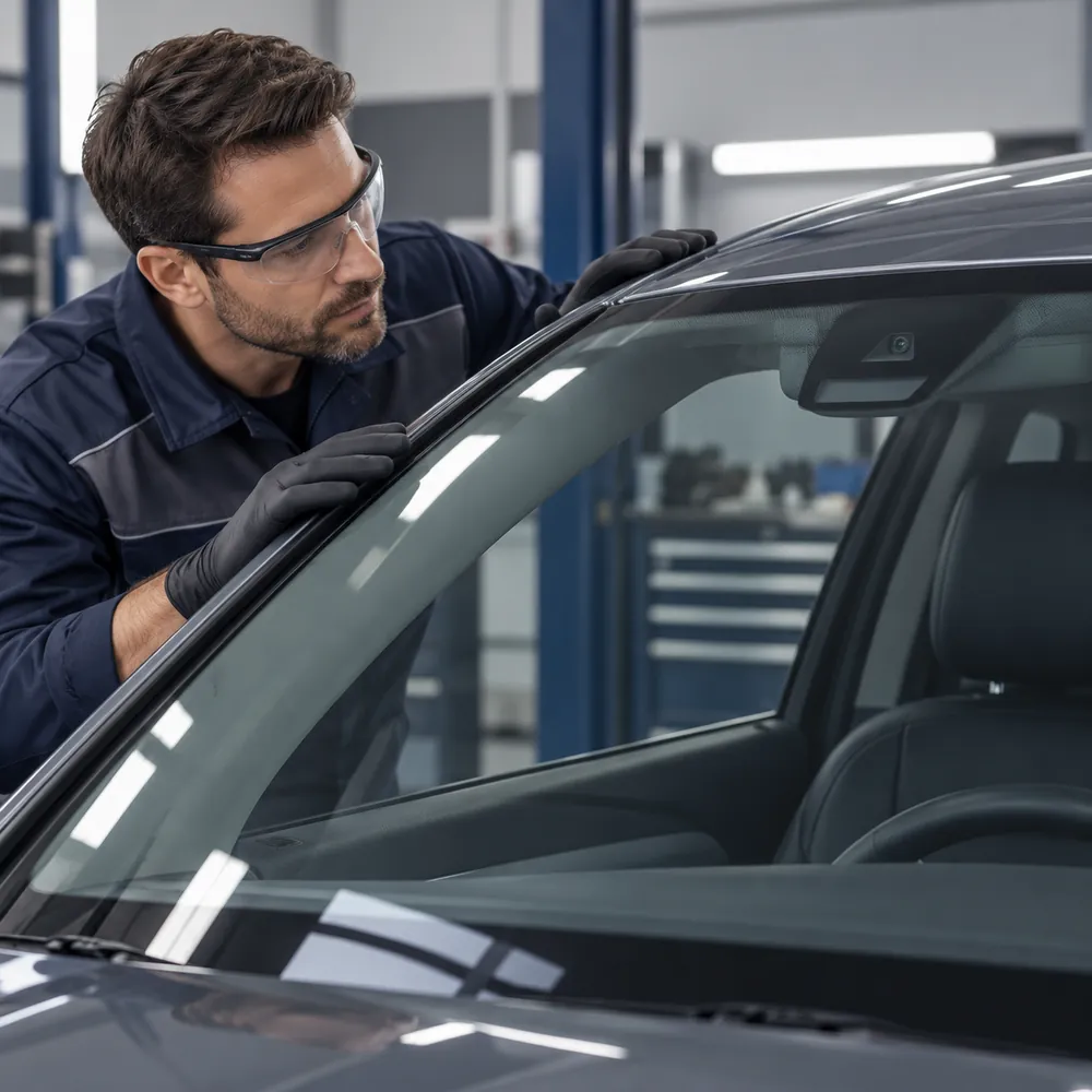 Speciālists pārbauda automobiļa vējstiklu un tā izpildījumu