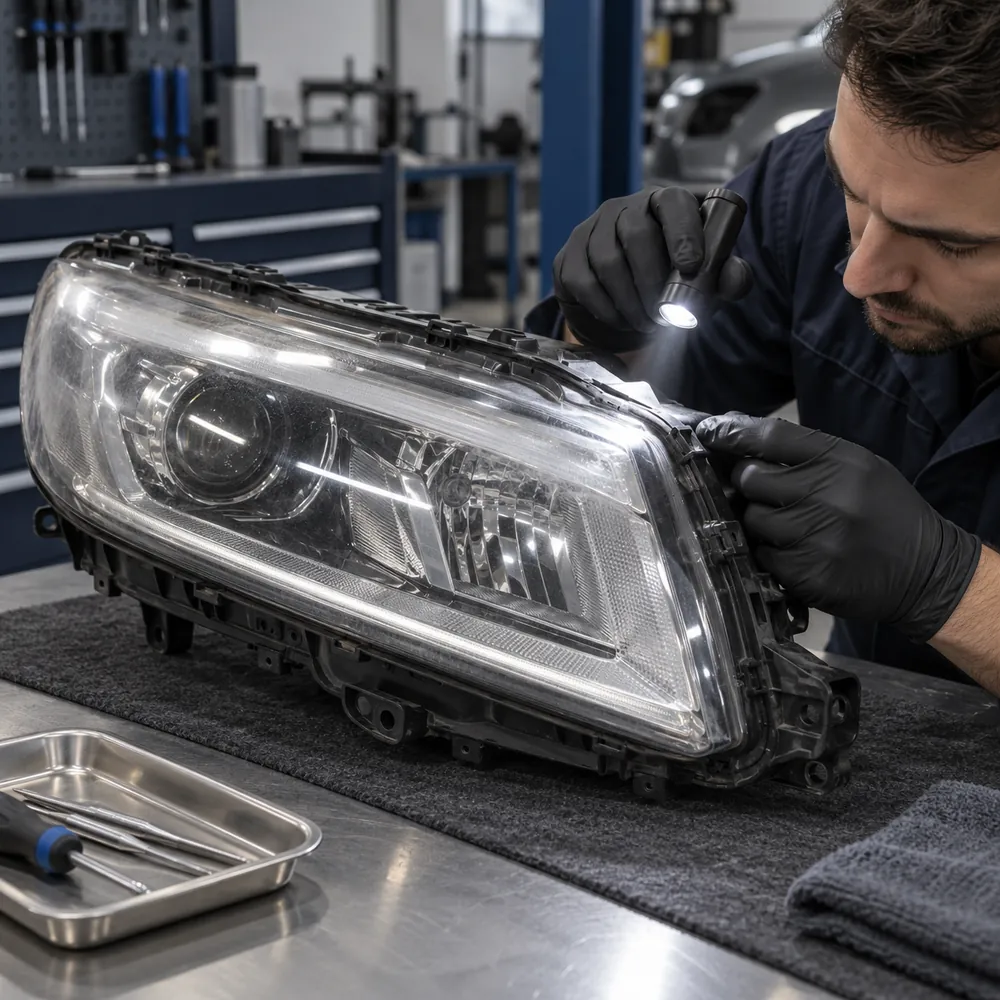 Demontēta auto luktura virsmas un korpusa apskate