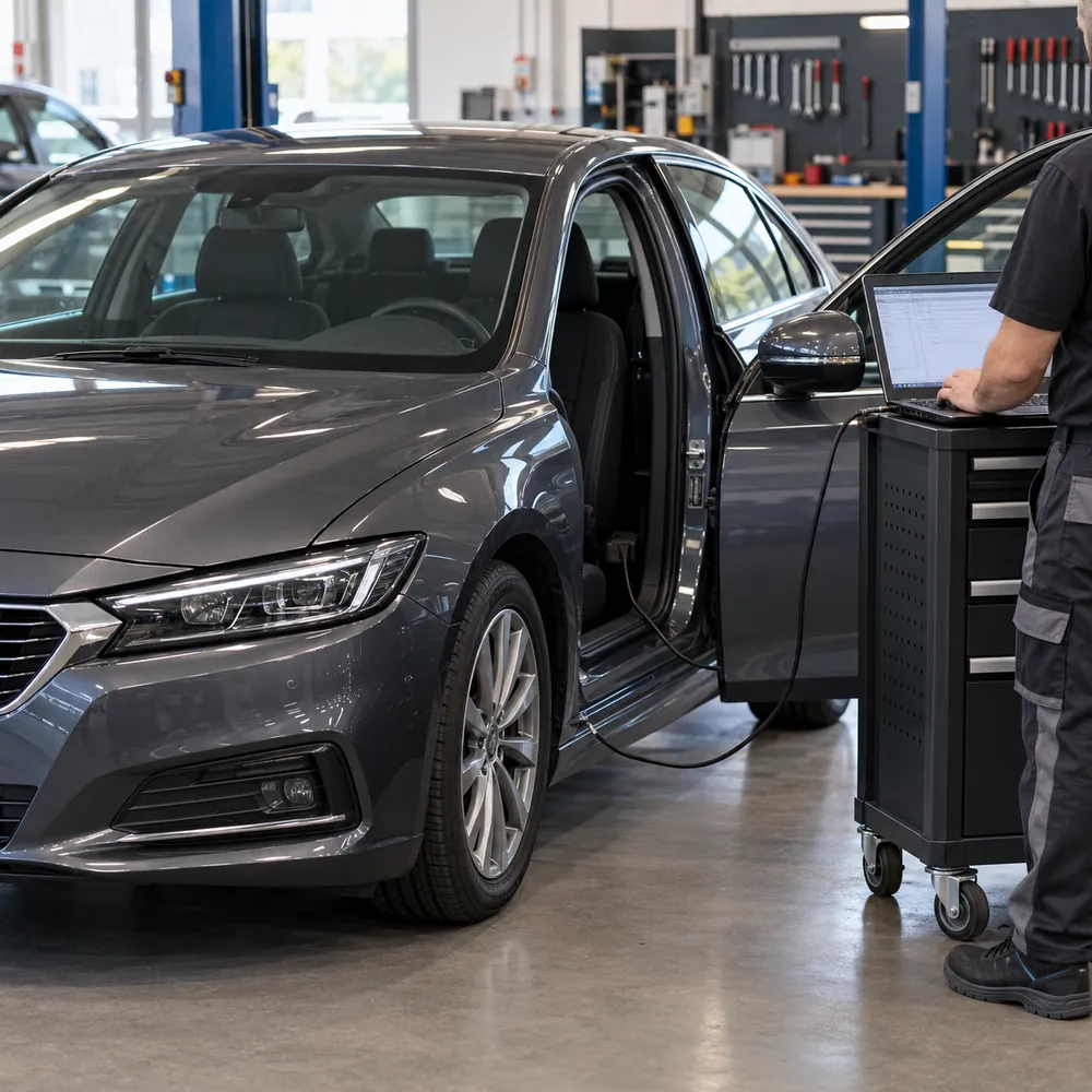 Autoelektriķis nolasa stāvoša automobiļa diagnostikas datus