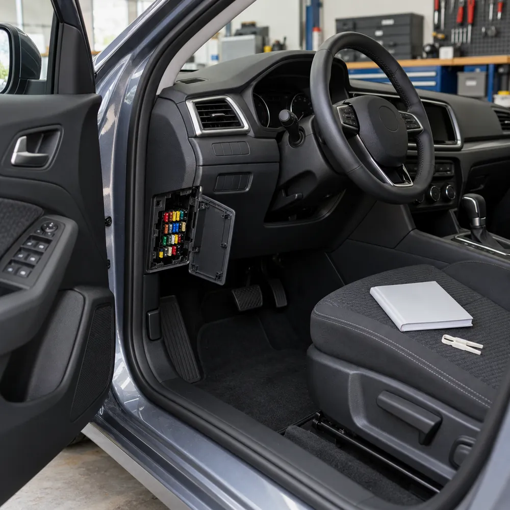 Salona drošinātāju bloks stāvošā automobilī un plastmasas izņēmējs
