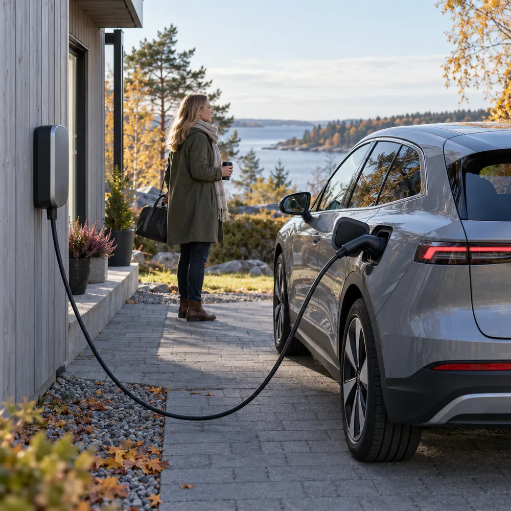 Elektroauto uzlāde pie mājās uzstādītas uzlādes stacijas