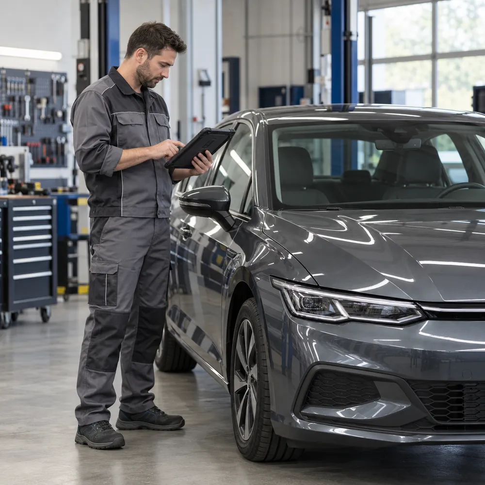 Speciālists pārbauda auto diagnostikas informāciju darbnīcā