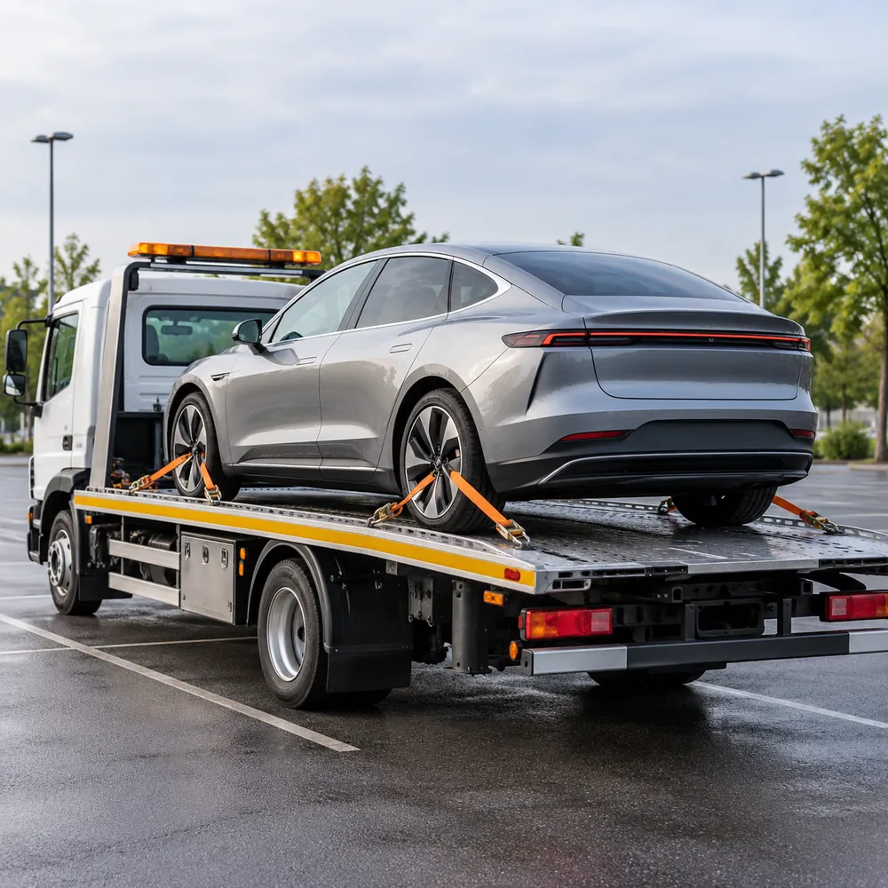 Elektroauto transportēšana uz platformas