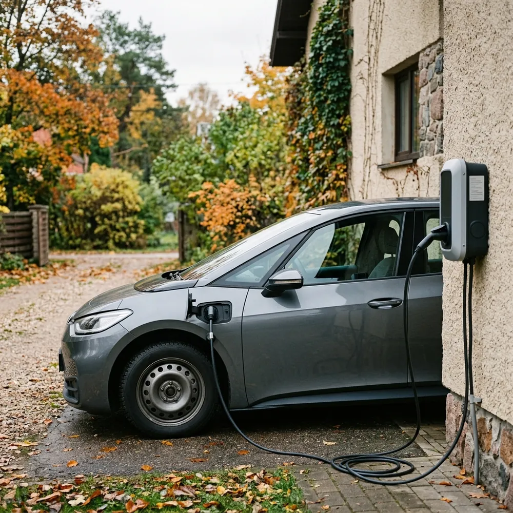 Elektroauto ar pievienotu Type 2 kabeli ikdienas mājas uzlādē