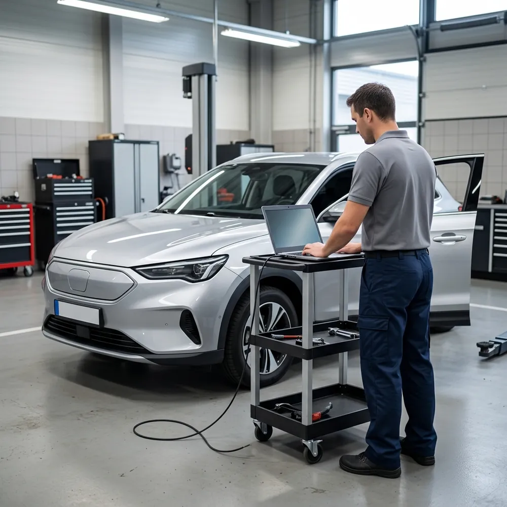 Servisa tehniķis nolasa elektroauto diagnostiku ar aizvērtu akumulatora korpusu