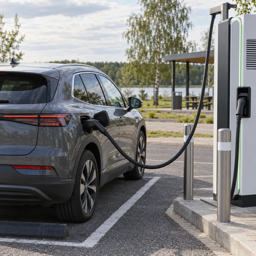 Elektroauto pie publiskas līdzstrāvas uzlādes stacijas ar CCS savienojumu