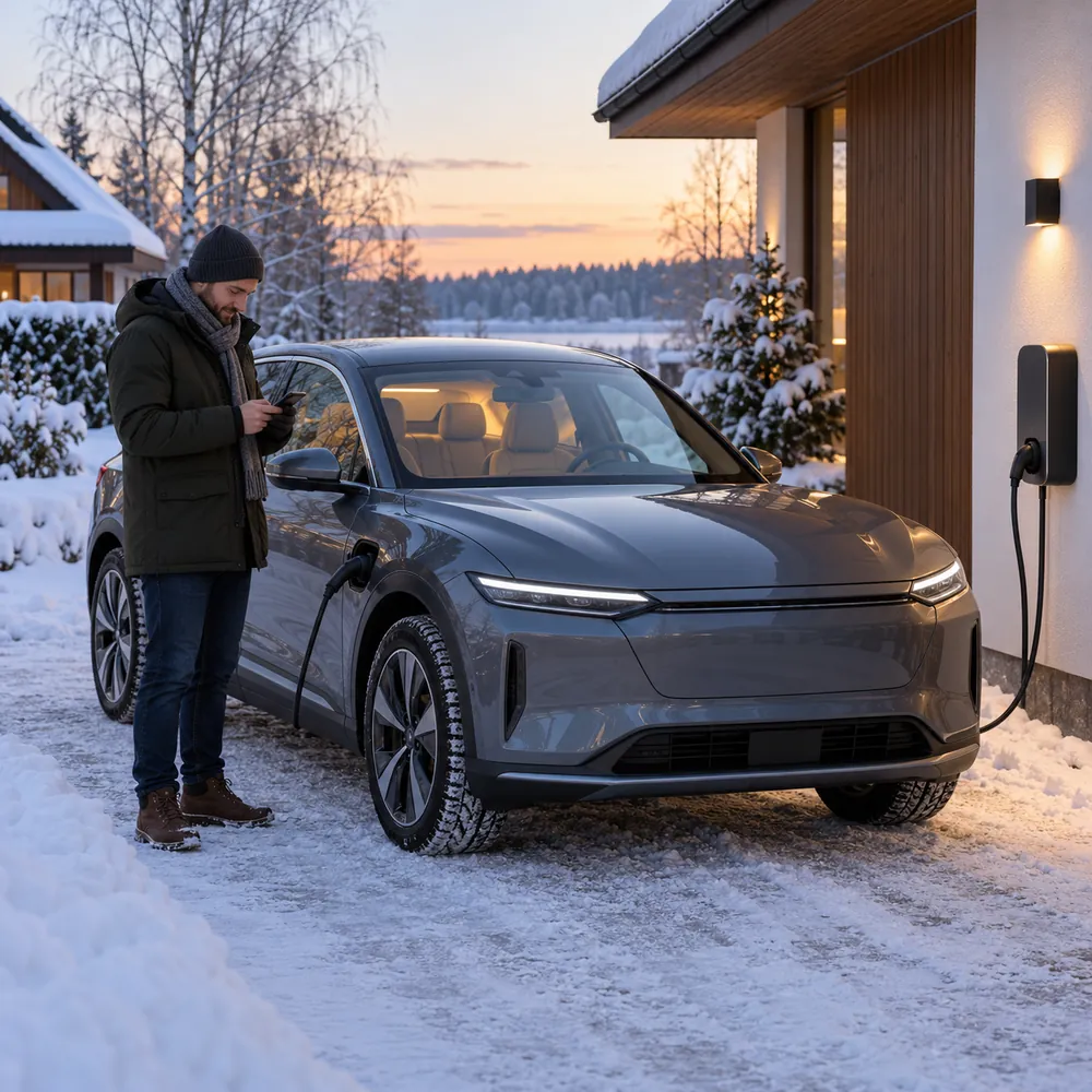 Elektroauto ziemā pie mājas uzlādes punkta pirms brauciena