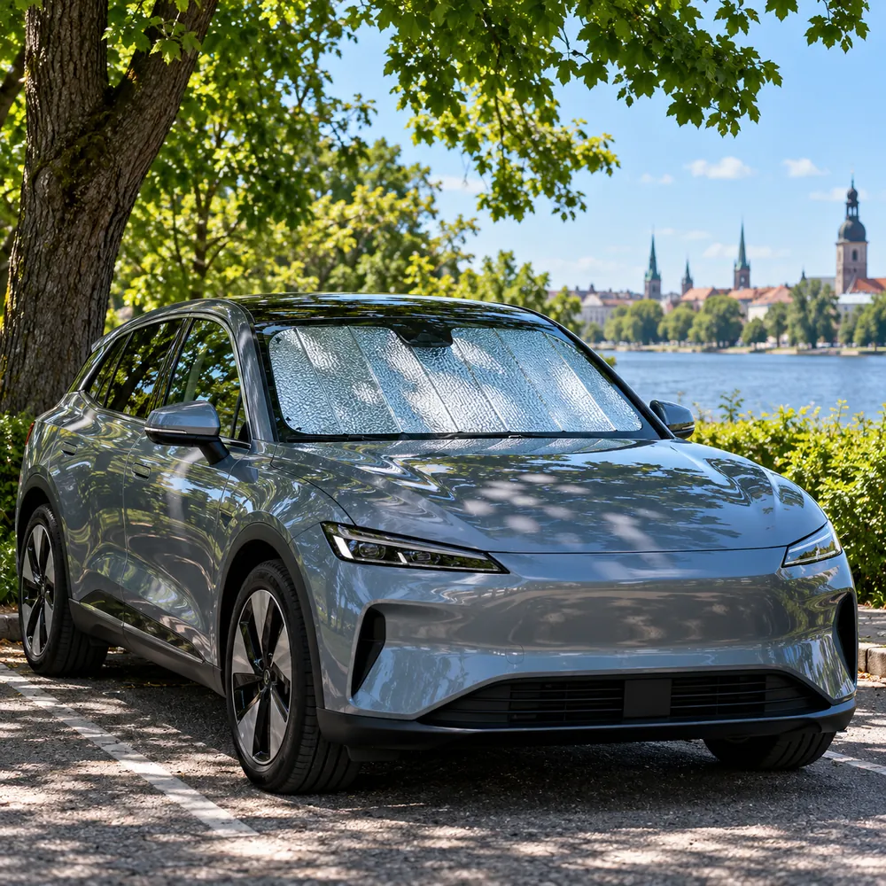 Novietots elektroauto ēnā ar saules aizsargu priekšējā stiklā