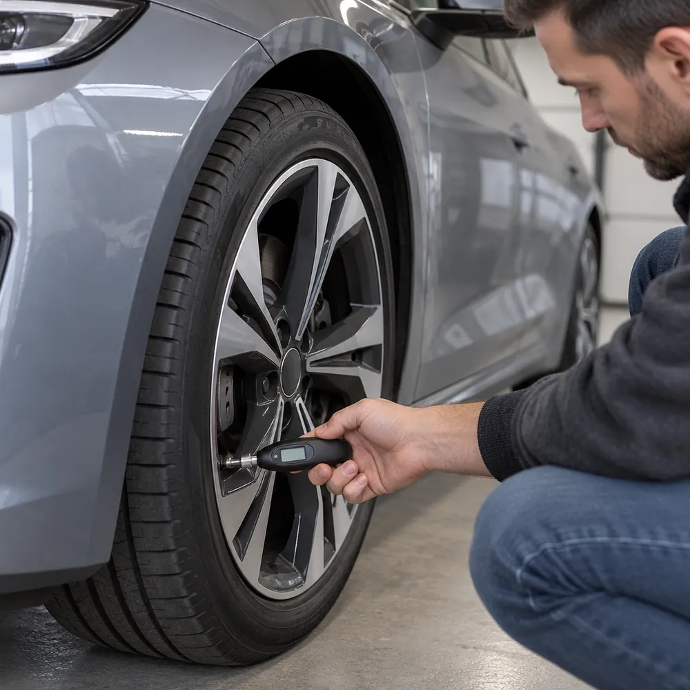 Elektroauto riepas spiediena pārbaude ar manometru
