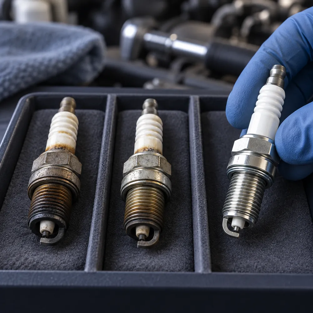 Izņemtu aizdedzes sveču un jaunas sveces salīdzināšana uz darbagalda