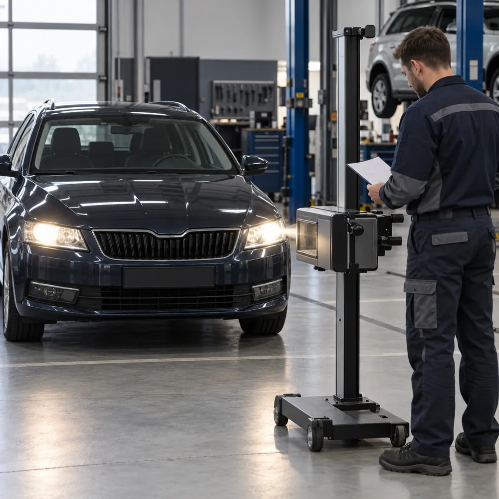 Lukturu gaismas virziena pārbaude ar optisko regulēšanas ierīci autoservisā