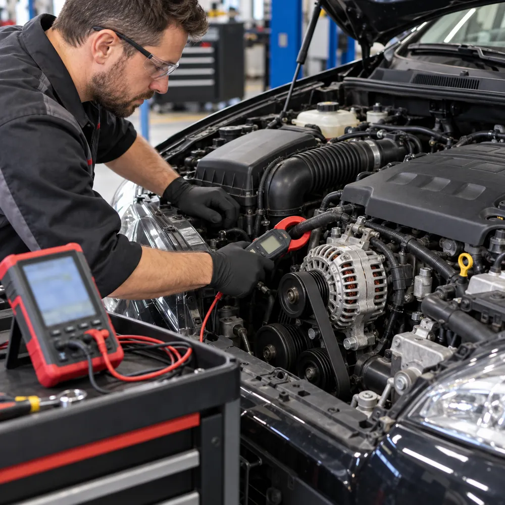 Autoelektriķis pārbauda uzlādes strāvu ar strāvas knaiblēm