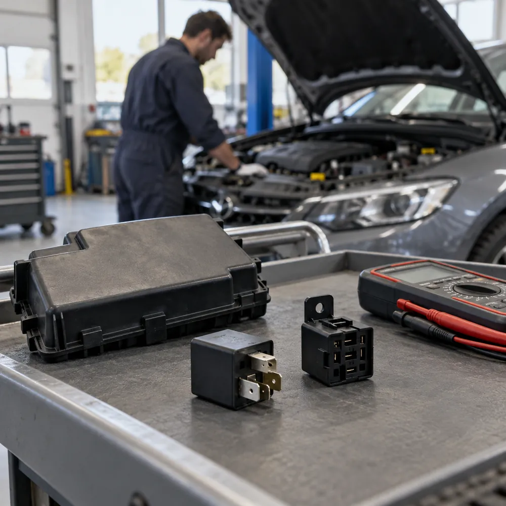 Atvienots auto relejs un ligzda pirms nomaiņas darbnīcā