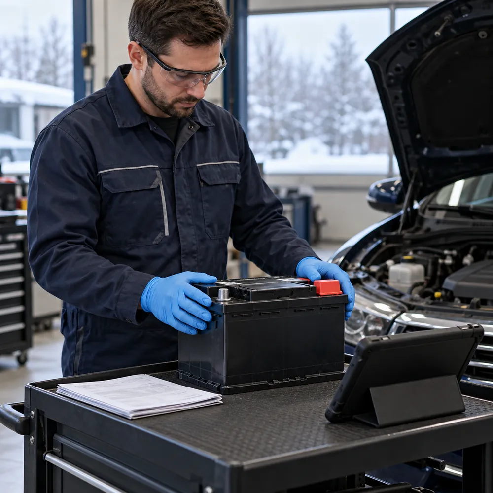 Servisa speciālists sagatavo jaunu startera akumulatoru uzstādīšanai automašīnā