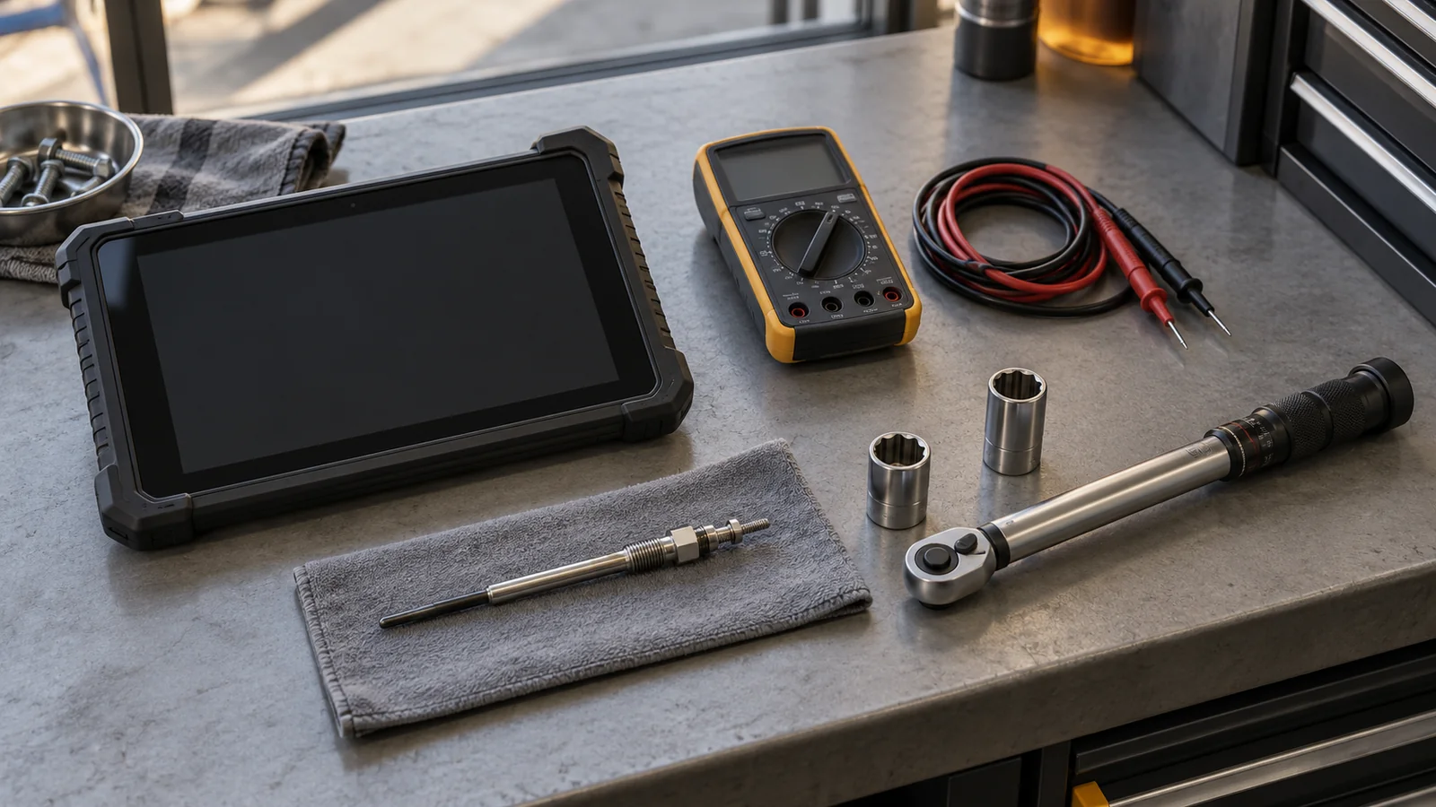 Diagnostikas planšete, izslēgts multimetrs, atvienotas zondes un montāžas instrumenti līdzās kvēlsvecei