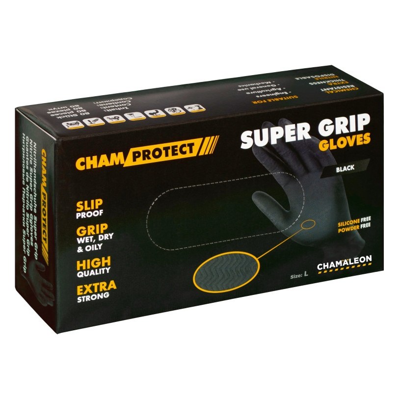 Nitrila cimdi CHAMALEON SUPER GRIP, melni, M, 80 gab.