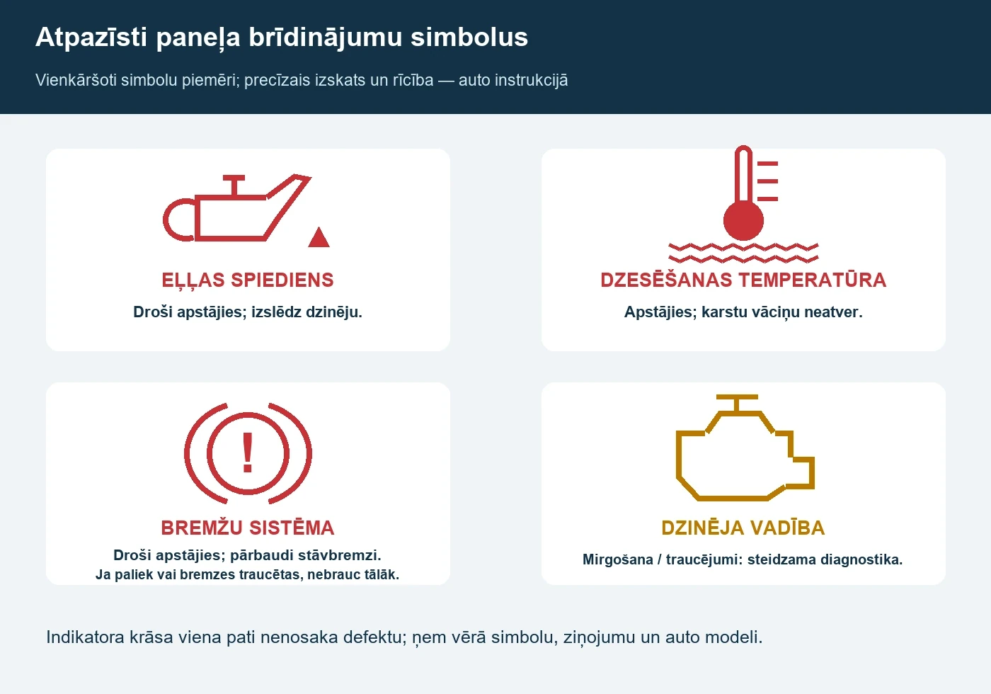 Rīcības shēma eļļas, dzesēšanas, bremžu un dzinēja brīdinājumiem