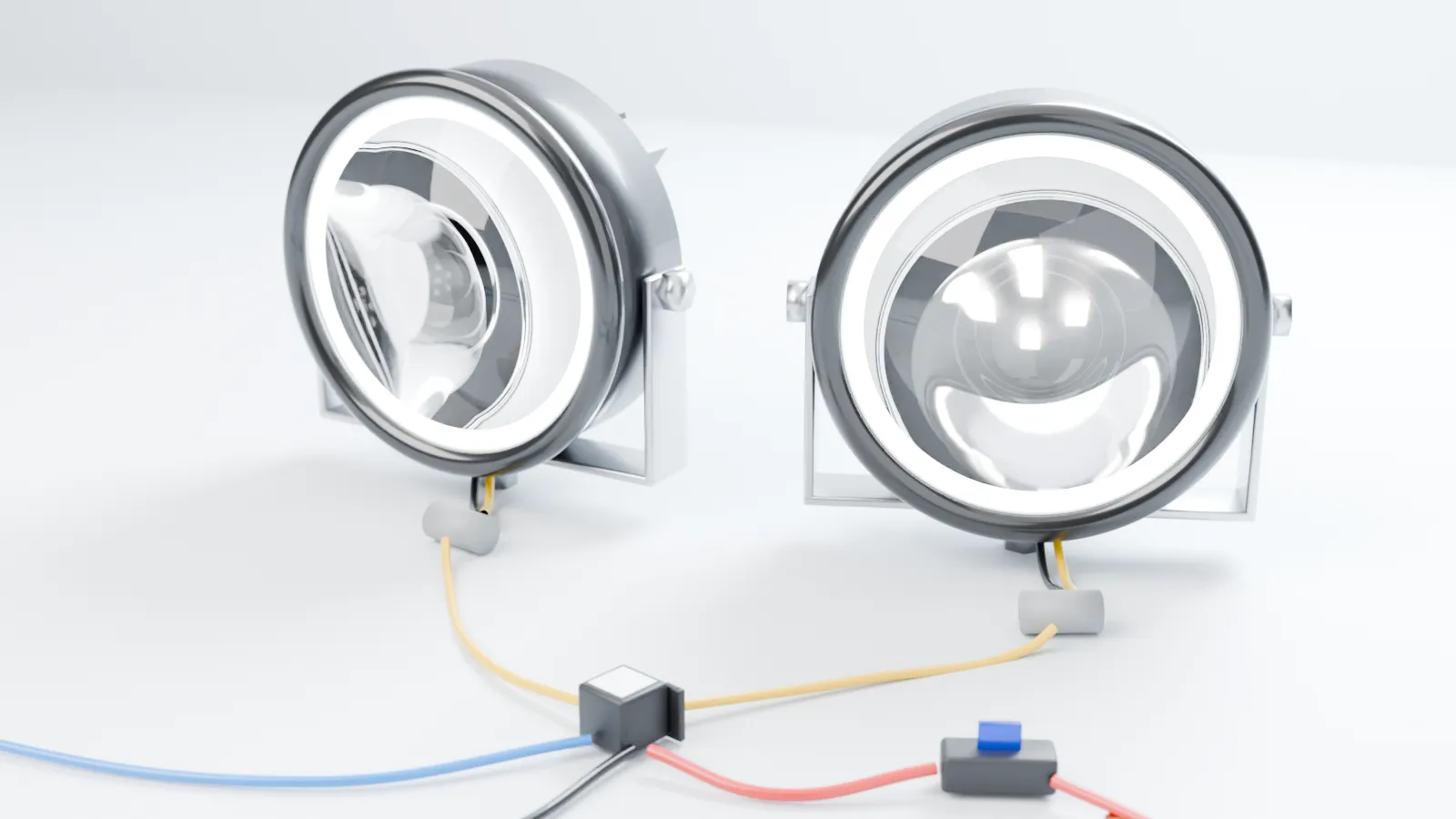 3D vizualizācija: divi LED papildlukturi ar gabarītu gaismas loku, relejs, drošinātāja turētājs un krāsaini vadi