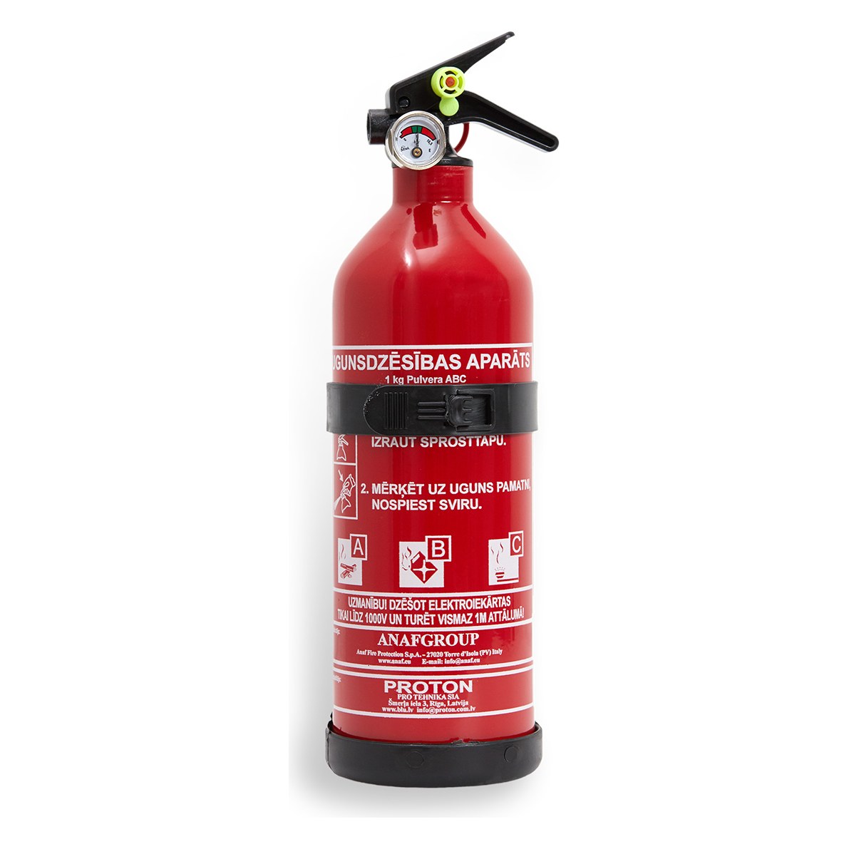 Ugunsdzēsības aparāts PROTON, 1 kg, pulvera ABC, ar manometru